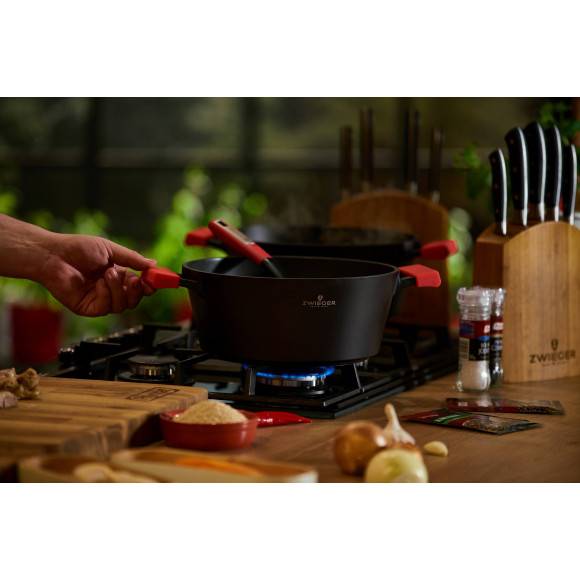 ZWIEGER OBSIDIAN Komplet garnków z pokrywkami 1l, 3l, 5l/ GREBLON C3 + Komplet Patelnia Sensa Thermo 24, 28 cm