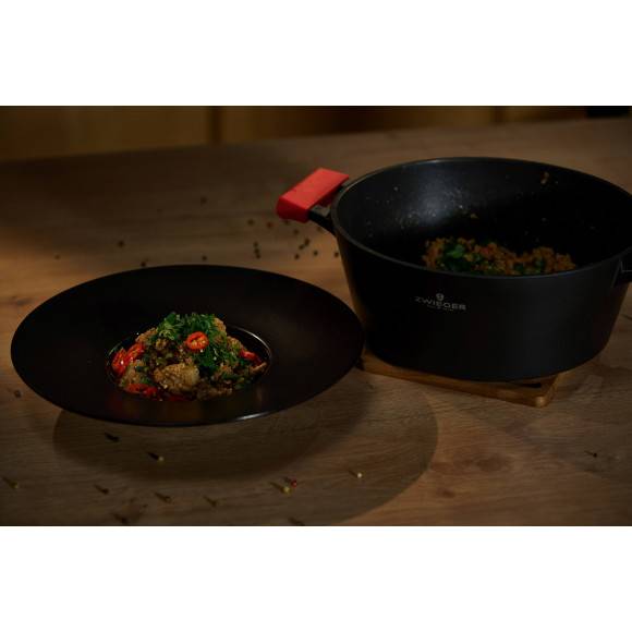ZWIEGER OBSIDIAN Komplet garnków z pokrywkami 1l, 3l, 5l/ GREBLON C3 + Komplet Patelnia Sensa Thermo 24, 28 cm