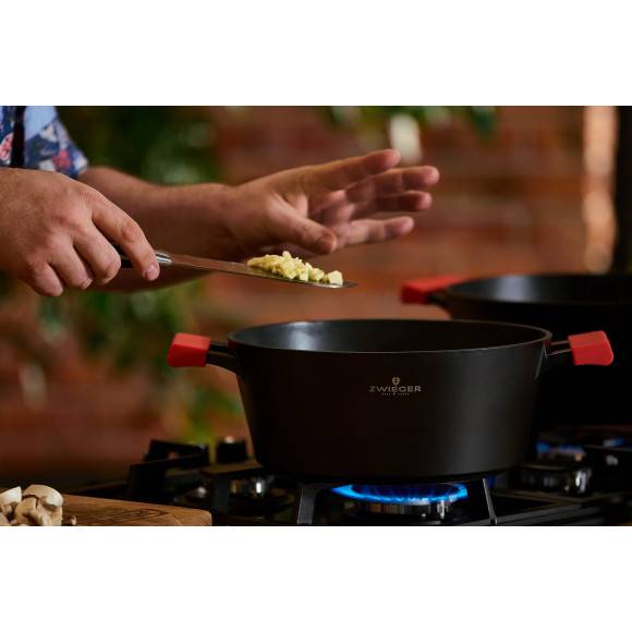 ZWIEGER OBSIDIAN Komplet garnków z pokrywkami 1l, 3l, 5l/ GREBLON C3 + Komplet Patelnia Sensa Thermo 24, 28 cm