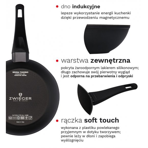 ZWIEGER OBSIDIAN Komplet garnków z pokrywkami 1l, 3l, 5l/ GREBLON C3 + Komplet Patelnia Sensa Thermo 24, 28 cm