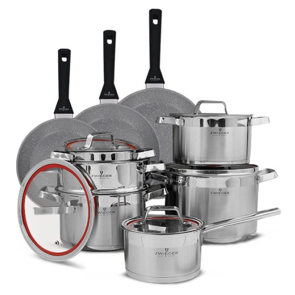 ZWIEGER KLASSIKER Komplet garnków z pokrywkami 11 el / stal nierdzewna SS 304+ Patelnia Practi Plus 20, 24, 28 cm