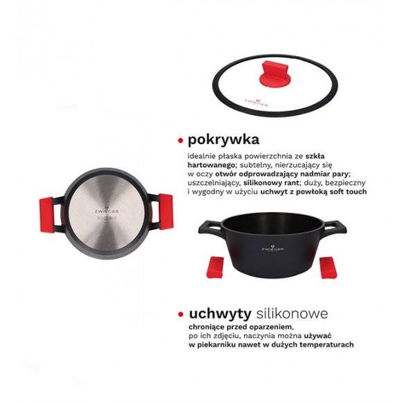 ZWIEGER OBSIDIAN Komplet Garnki 6 el z pokrywkami 5,5l/ 3,5l/ 2l +rondel +patelnia głęboka 28 cm / GREBLON C3+