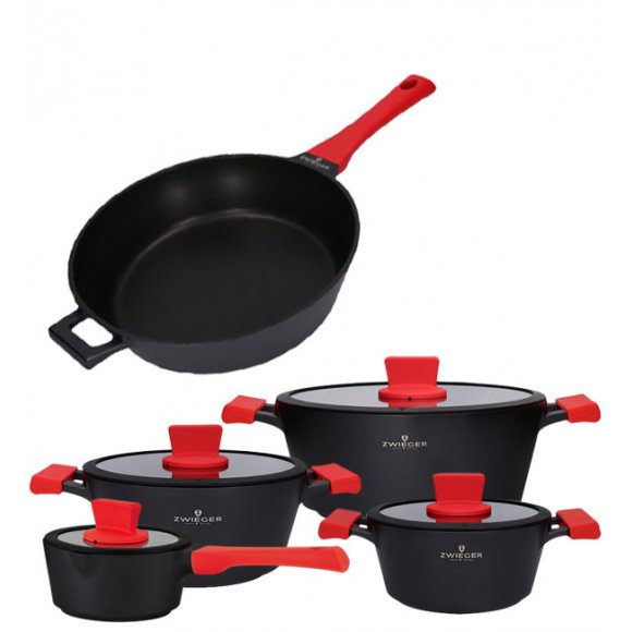 ZWIEGER OBSIDIAN Komplet Garnki 6 el z pokrywkami 5,5l/ 3,5l/ 2l +rondel +patelnia głęboka 28 cm / GREBLON C3+