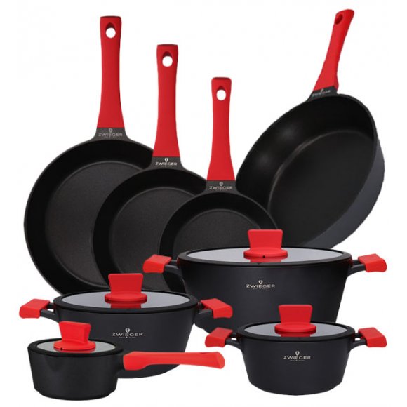 ZWIEGER OBSIDIAN Komplet Garnki 6 el z pokrywkami 5,5l/ 3,5l/ 2l +rondel + patelnie 20, 24, 28 cm + głęboka 28 cm / GREBLON 