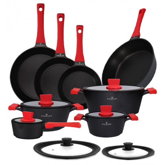 ZWIEGER OBSIDIAN Komplet Garnki 6 el z pokrywkami 5,5l/ 3,5l/ 2l +rondel + patelnie 20, 24, 28 cm + głęboka 28 cm + pokrywki Tadar/ GREBLON 