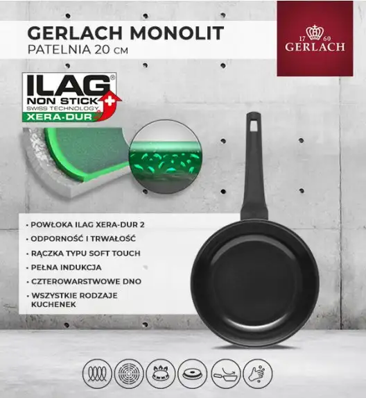 GERLACH MONOLIT Patelnia 20 cm / szwajcarska powłoka ceramiczną ILAG Xera Dur 2® / aluminium
