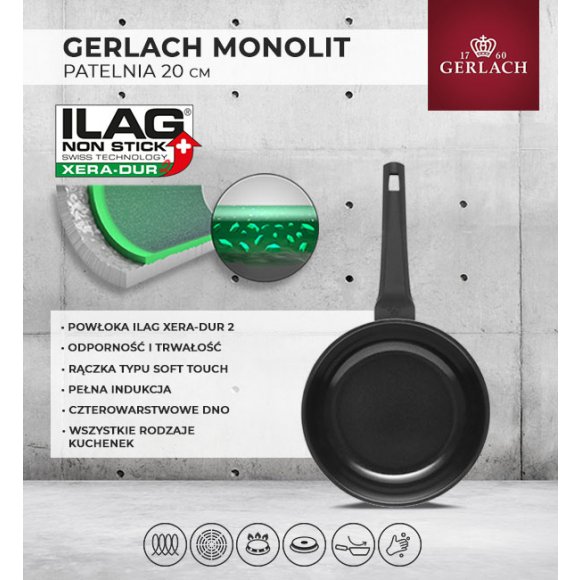 GERLACH MONOLIT Patelnia 20 cm / szwajcarska powłoka ceramiczną ILAG Xera Dur 2® / aluminium