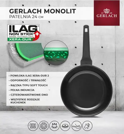 GERLACH MONOLIT Patelnia 24 cm / szwajcarska powłoka ceramiczną ILAG Xera Dur 2® / aluminium