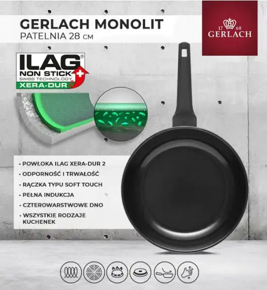 GERLACH MONOLIT Patelnia 28 cm / szwajcarska powłoka ceramiczną ILAG Xera Dur 2® / aluminium
