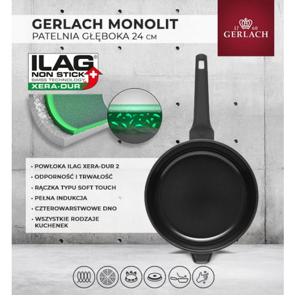 GERLACH MONOLIT Patelnia głęboka 24 cm / szwajcarska powłoka ceramiczną ILAG Xera Dur 2® / aluminium