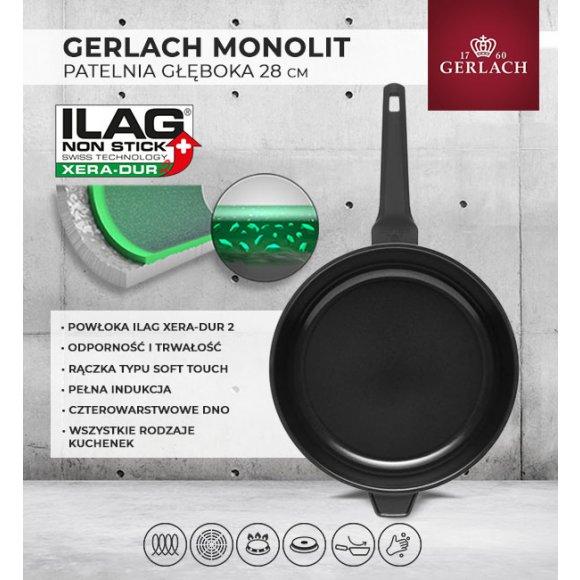 GERLACH MONOLIT Patelnia głęboka 28 cm / szwajcarska powłoka ceramiczną ILAG Xera Dur 2® / aluminium