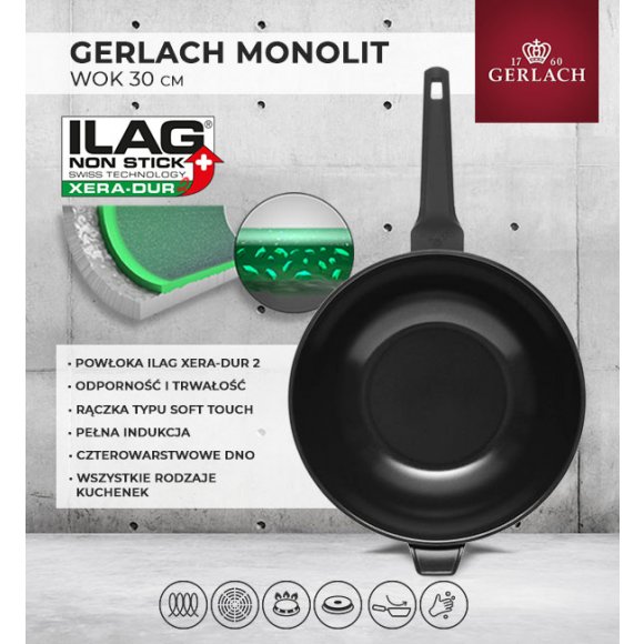 GERLACH MONOLIT Wok 30 cm / szwajcarska powłoka ceramiczną ILAG Xera Dur 2® / aluminium