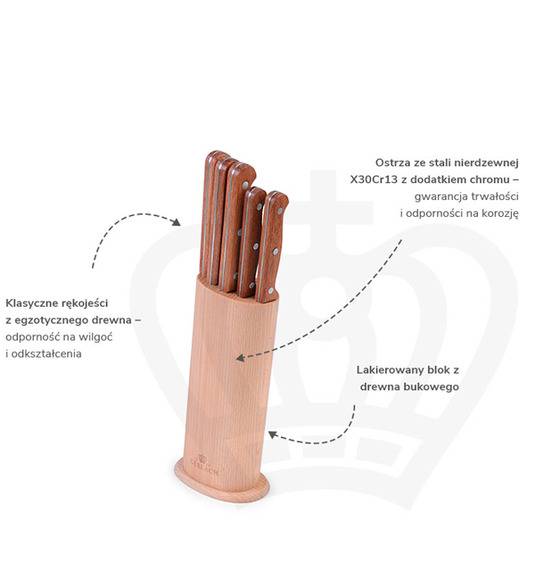 GERLACH COUNTRY Zestaw noży w bloku (okrągłym) 6 elementów + ostrzałka 2w1 +nożyce drewniane / drewniana rękojeść