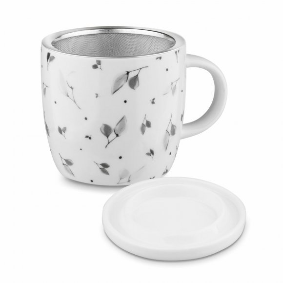 TADAR SZARE LIŚCIE Kubek porcelanowy z zaparzaczem 320 ml