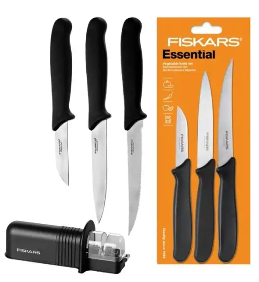 FISKARS ESSENTIAL 1023785 Zestaw 3 noży warzyw / stal nierdzewna+ ostrzałka Essential