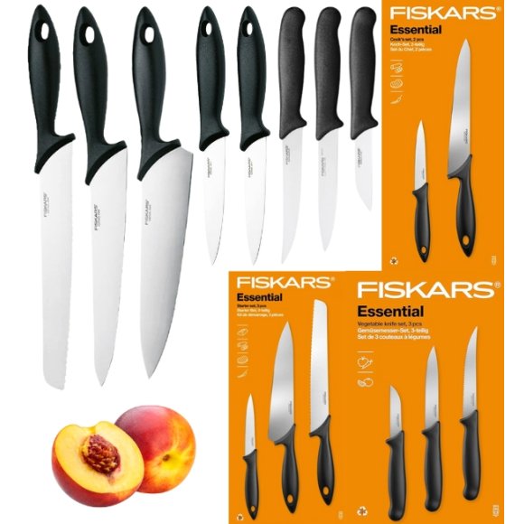 FISKARS ESSENTIAL Komplet 8 noży (kuchenne +Szefa +do warzyw) w pudełku / stal nierdzewna HRC 53