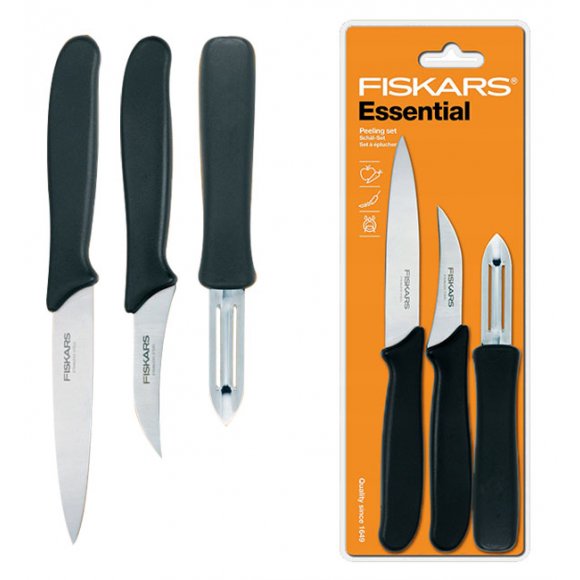 FISKARS ESSENTIAL 1023784 Zestaw 3 noży kuchennych + ostrzałka NN+ GRATIS! OBIERAK DO WARZYW