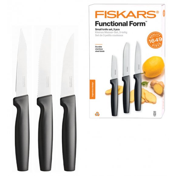 FISKARS FUNCTIONAL FORM 1057557+1057561 Komplet 5 noży (2+3) w pudełkach + ostrzałka+ GRATIS! Obierak do warzyw