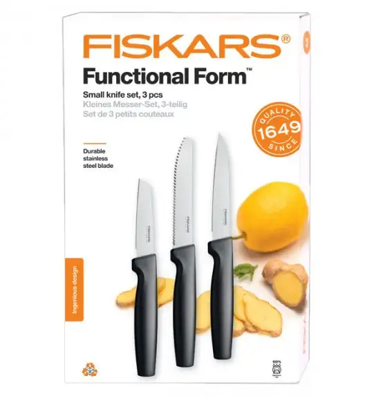 FISKARS FUNCTIONAL FORM 1057557+1057561 Komplet 5 noży (2+3) w pudełkach + ostrzałka+ GRATIS! Obierak do warzyw 