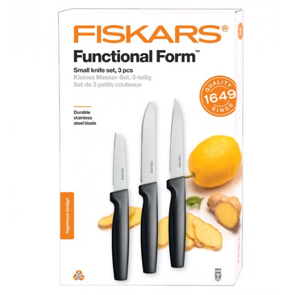 FISKARS FUNCTIONAL FORM 1057557+1057561 Komplet 5 noży (2+3) w pudełkach + ostrzałka+ GRATIS! Obierak do warzyw