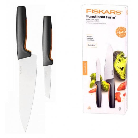 FISKARS FUNCTIONAL FORM 1057557+1057561 Komplet 5 noży (2+3) w pudełkach + ostrzałka+ GRATIS! Obierak do warzyw