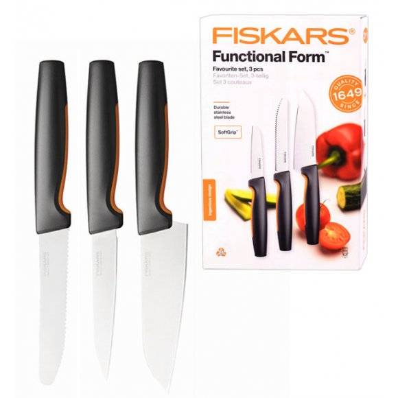 FISKARS FUNCTIONAL FORM 1057556+1057559 Komplet 6 noży (3+3) w pudełkach + ostrzałka + GRATIS! Obierak do warzyw / stal nierdzewna