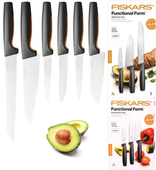 FISKARS FUNCTIONAL FORM 1057556+1057559 Komplet 6 noży (3+3) w pudełkach + ostrzałka ESSENTIAL