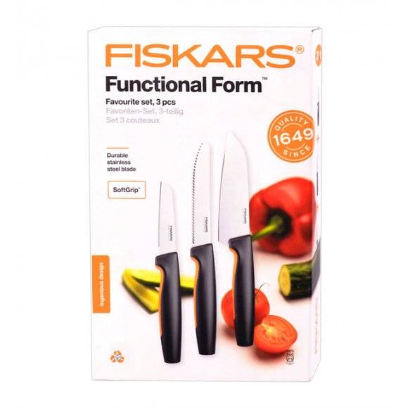 FISKARS FUNCTIONAL FORM 1057556+1057559 Komplet 6 noży (3+3) w pudełkach + ostrzałka NN + GRATIS! Obierak do warzyw / stal nierdzewna