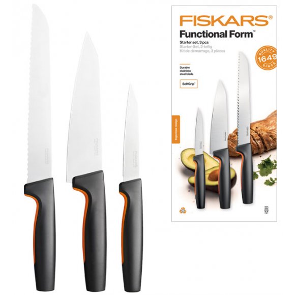 FISKARS FUNCTIONAL FORM 1057556+1057558 Komplet 8 noży (3+5) w pudełkach + GRATIS! Obierak do warzyw / stal nierdzewna