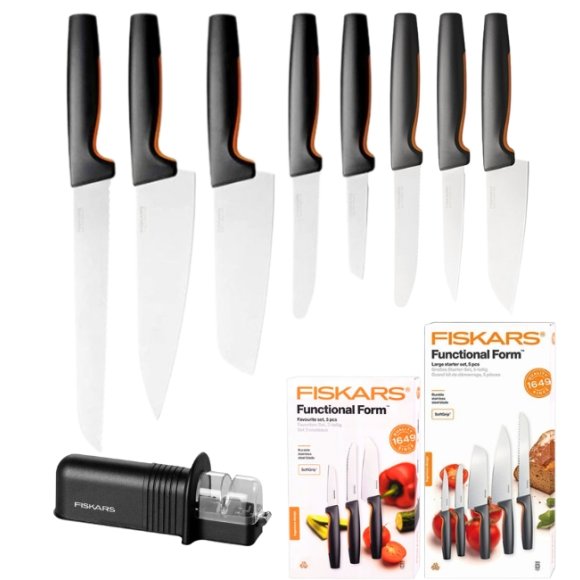 FISKARS FUNCTIONAL FORM 1057556+1057558 Komplet 8 noży (3+5) w pudełkach + ostrzałka ESSENTIAL