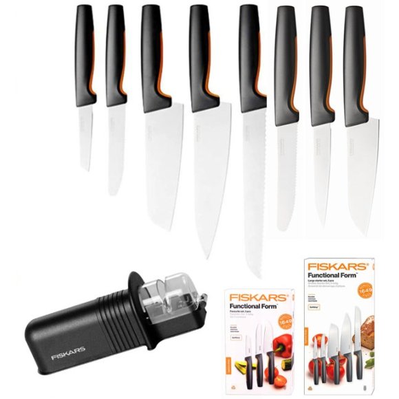 FISKARS FUNCTIONAL FORM 1057556+1057558 Komplet 8 noży (3+5) w pudełkach + ostrzałka +GRATIS! Obierak do warzyw / stal nierdzewna