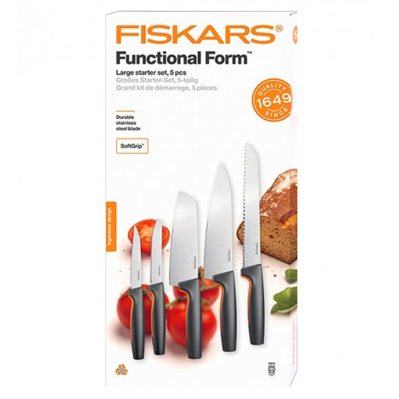 FISKARS FUNCTIONAL FORM 1057556+1057558 Komplet 8 noży (3+5) w pudełkach + ostrzałka +GRATIS! Obierak do warzyw / stal nierdzewna