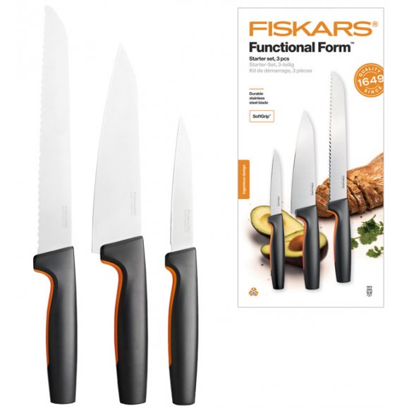 FISKARS FUNCTIONAL FORM 1057556+1057558 Komplet 8 noży (3+5) w pudełkach + ostrzałka +GRATIS! Obierak do warzyw / stal nierdzewna