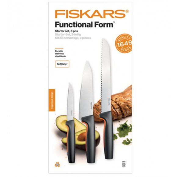 FISKARS FUNCTIONAL FORM 1057556+1057558 Komplet 8 noży (3+5) w pudełkach + ostrzałka +GRATIS! Obierak do warzyw / stal nierdzewna