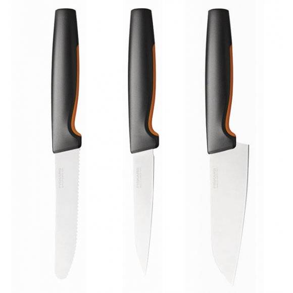 FISKARS FUNCTIONAL FORM 1057556+1057558 Komplet 8 noży (3+5) w pudełkach + ostrzałka +GRATIS! Obierak do warzyw / stal nierdzewna