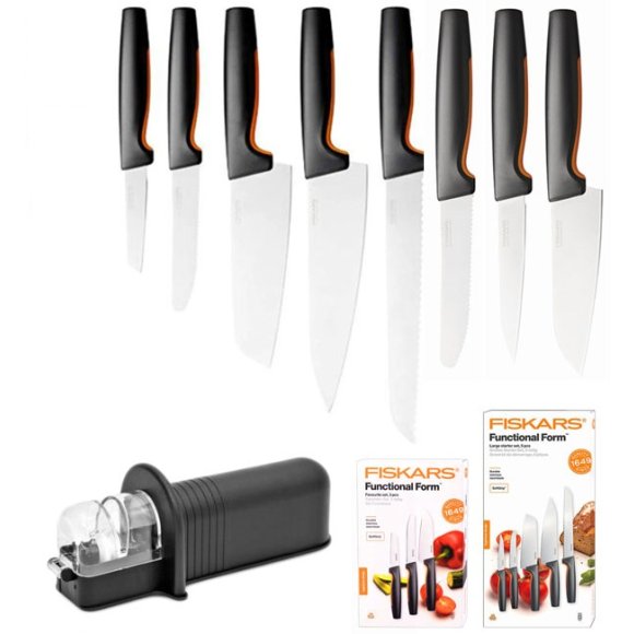 FISKARS FUNCTIONAL FORM 1057556+1057558 Komplet 8 noży (3+5) w pudełkach + ostrzałka NN +GRATIS! Obierak do warzyw / stal nierdzewna