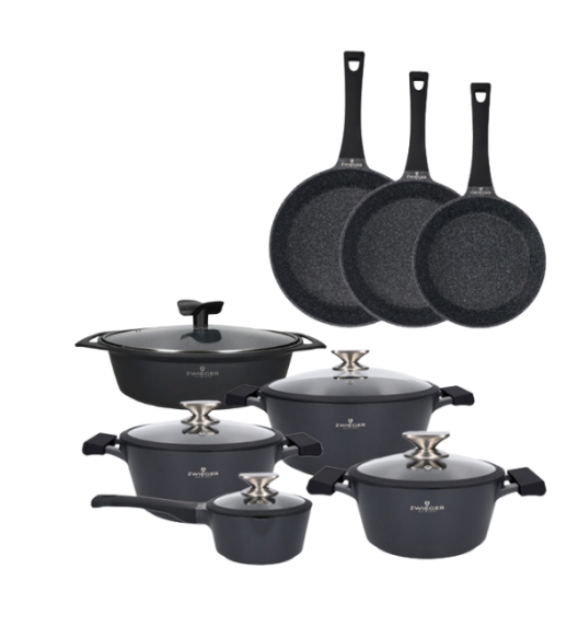 ZWIEGER BLACK STONE Zestaw garnków z pokrywkami 20, 24, 28 cm + Rondel 16 cm + Patelnie 20, 24, 28 cm + Brytfanna 40 cm