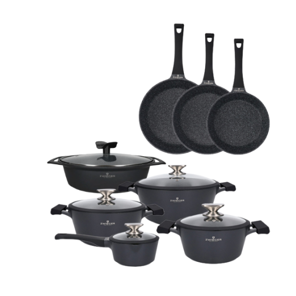 ZWIEGER BLACK STONE Zestaw garnków z pokrywkami 20, 24, 28 cm + Rondel 16 cm + Patelnie 20, 24, 28 cm + Brytfanna 33 cm