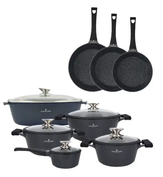 ZWIEGER BLACK STONE Zestaw garnków z pokrywkami 20, 24, 28 cm + Rondel 16 cm + Patelnie 20, 24, 28 cm + Brytfanna VERON