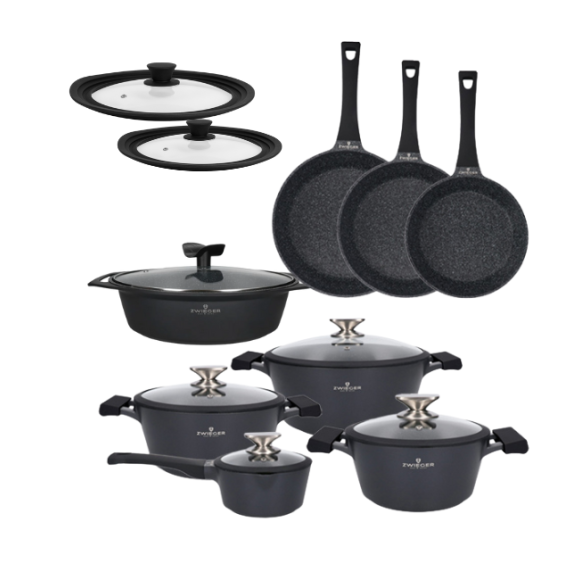 ZWIEGER BLACK STONE Zestaw garnków z pokrywkami 20, 24, 28 cm + Rondel 16 cm + Patelnie 20, 24, 28 cm + Brytfanna 33 cm + Pokrywki Tadar