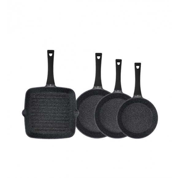 ZWIEGER BLACK STONE Komplet patelni 20, 24, 28 cm + Patelnia grillowa 28 cm / GREBLON C3 GRANITE non-stick