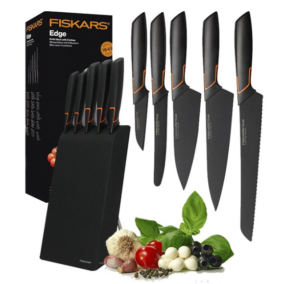 FISKARS EDGE 1003099 Zestaw 5 noży kuchennych w bloku czarnym / stal 420J2 / czarne ostrza