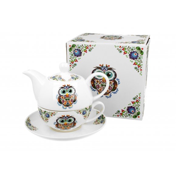DUO SOWA ETNO Tea for one - Filiżanka z dzbankiem 350 ml i spodkiem / porcelana