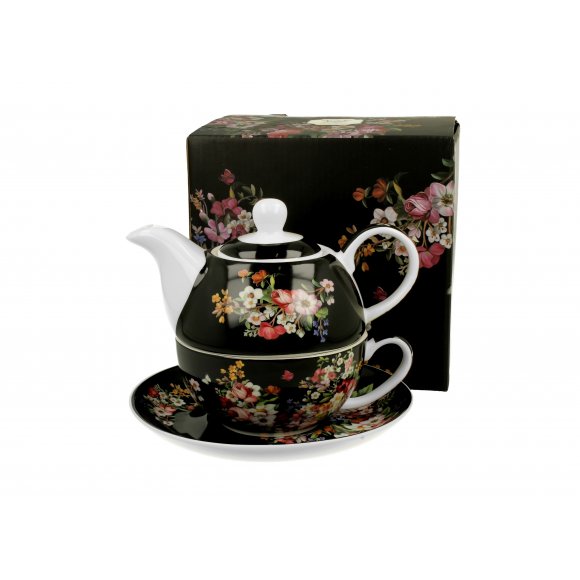 DUO VINTAGE FLOWERS BLACK Tea for one - Filiżanka z dzbankiem 350 ml i spodkiem / porcelana