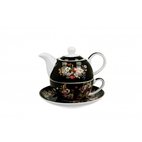 DUO VINTAGE FLOWERS BLACK Tea for one - Filiżanka z dzbankiem 350 ml i spodkiem / porcelana