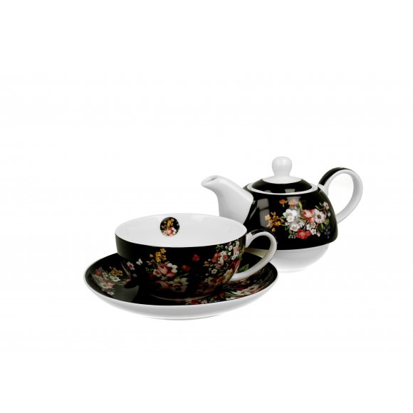 DUO VINTAGE FLOWERS BLACK Tea for one - Filiżanka z dzbankiem 350 ml i spodkiem / porcelana