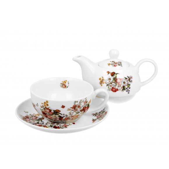 DUO VINTAGE FLOWERS WHITE Tea for one - Filiżanka z dzbankiem 350 ml i spodkiem / porcelana