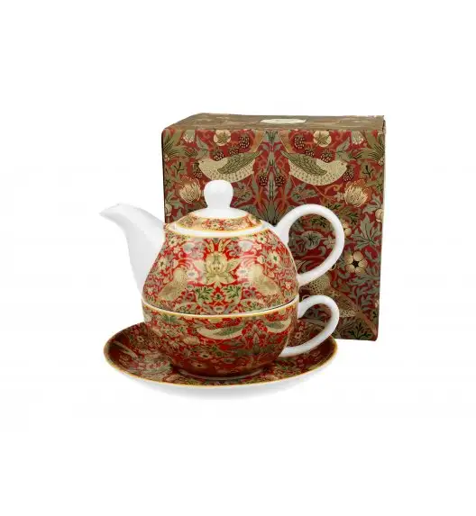 DUO STRAWBERRY THIEF RED by W. Morris Tea for one - Filiżanka z dzbankiem 350 ml i spodkiem / porcelana