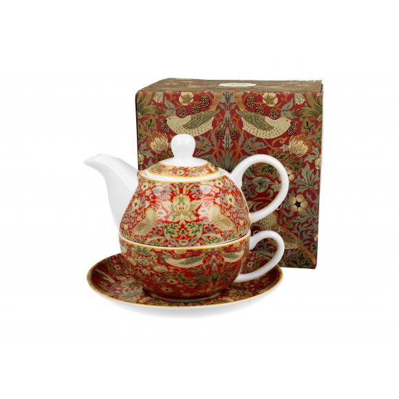 DUO STRAWBERRY THIEF RED by W. Morris Tea for one - Filiżanka z dzbankiem 350 ml i spodkiem / porcelana