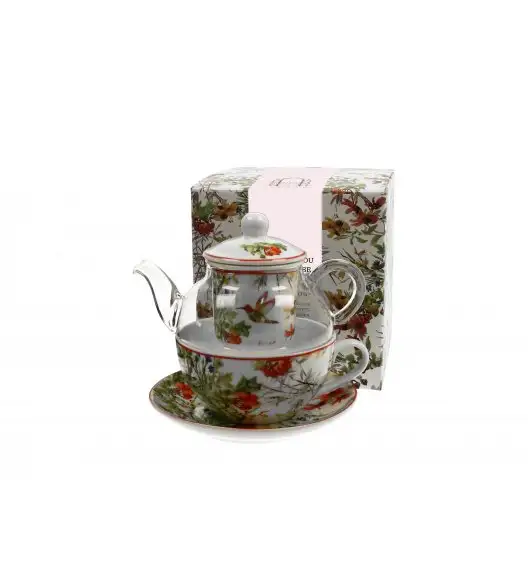 DUO LINNEA Tea for one - Filiżanka z dzbankiem szklanym 330 ml i spodkiem / porcelana